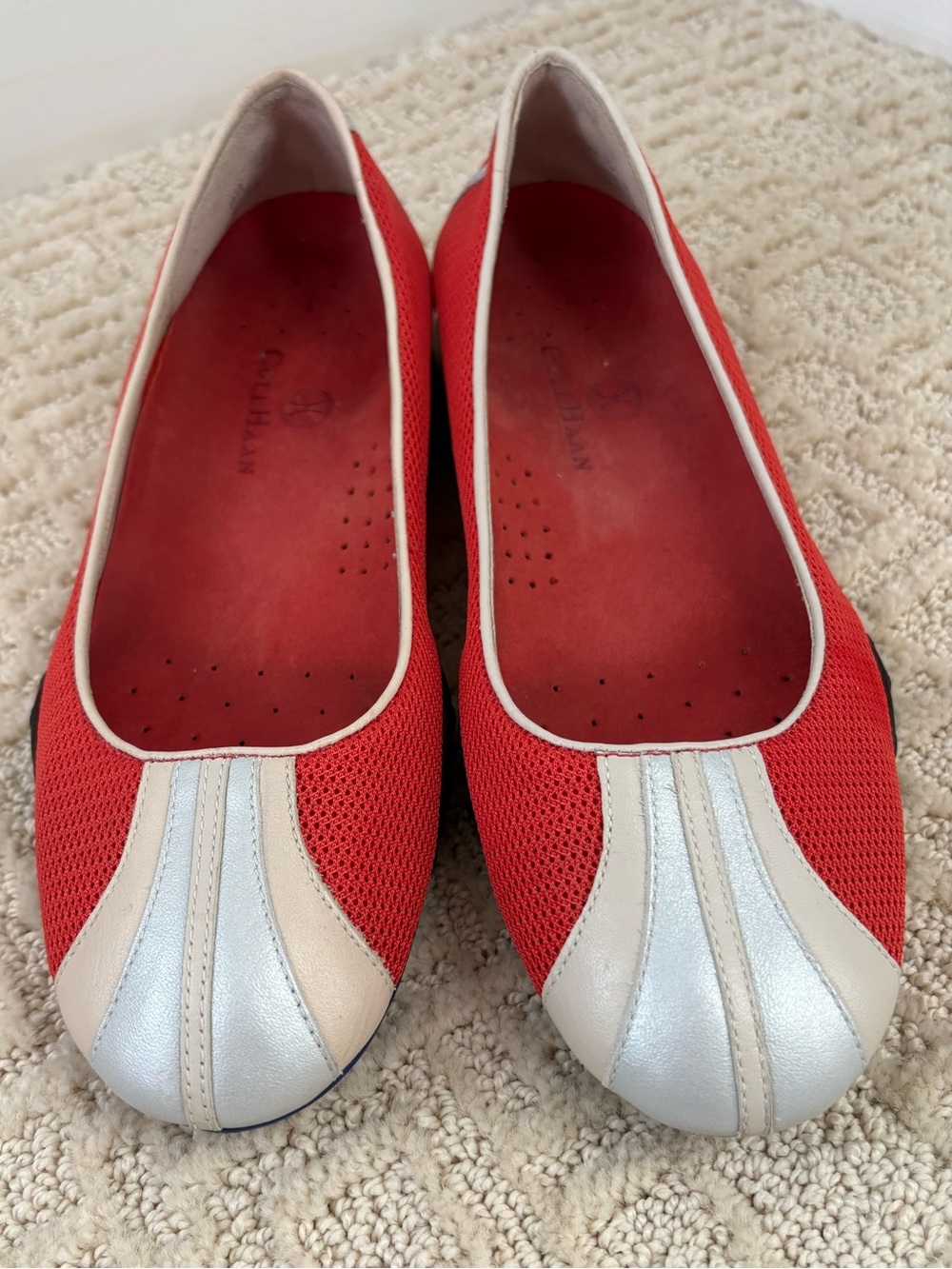 Cole Haan Red Mesh Ballet Flats with Silver and Cream Toe Stripes